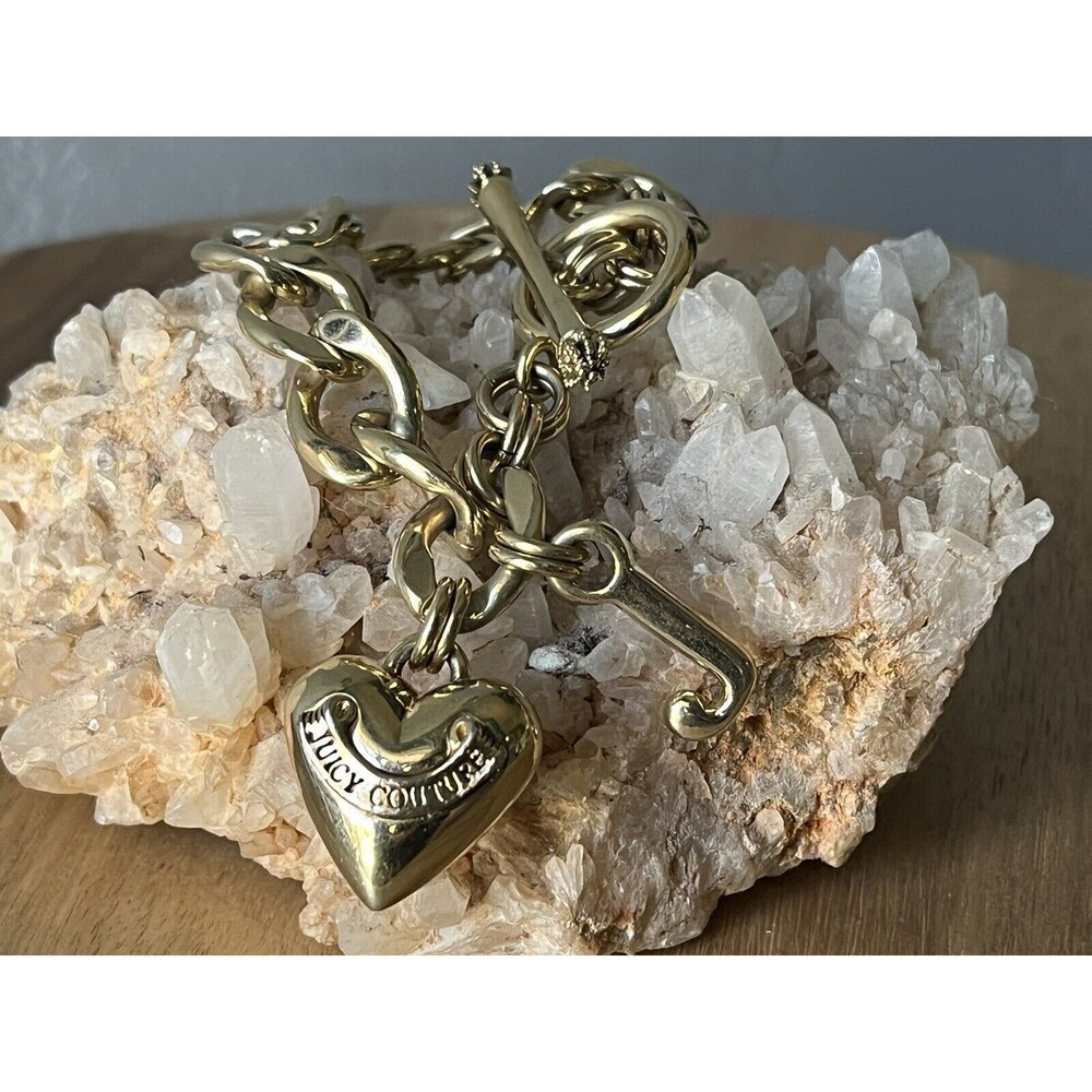 Juicy Couture Gold Tone Heart Charm Logo Toggle Clasp Bracelet